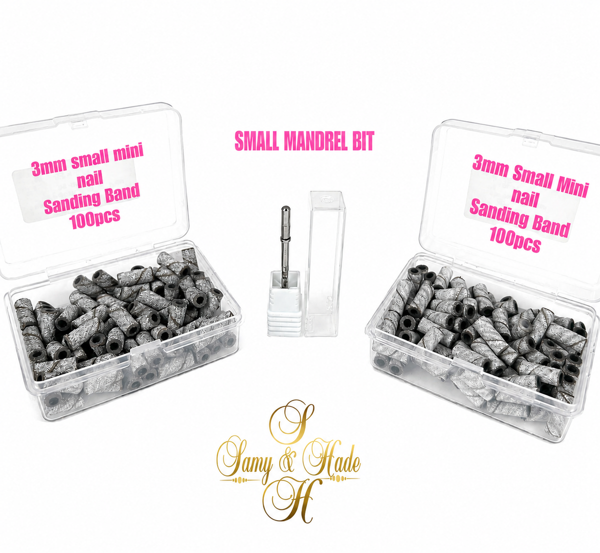 Set  SMALL MANDREL BIT + #120  +#180 small mini nail
Sanding Band
100pcs cada una