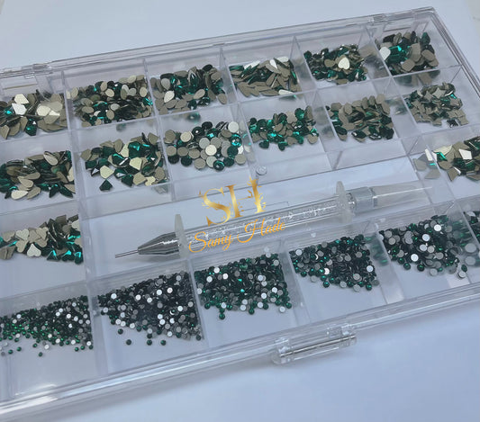 Multi Shape Rhinestones Box green Crystal